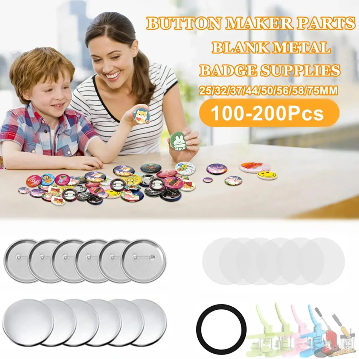 100/200 Sets Metal Badge Pin Button Maker Parts 25-75MM, DIY Blank Badge Button Parts for Art Crafts Making Iron-Base Badges Set