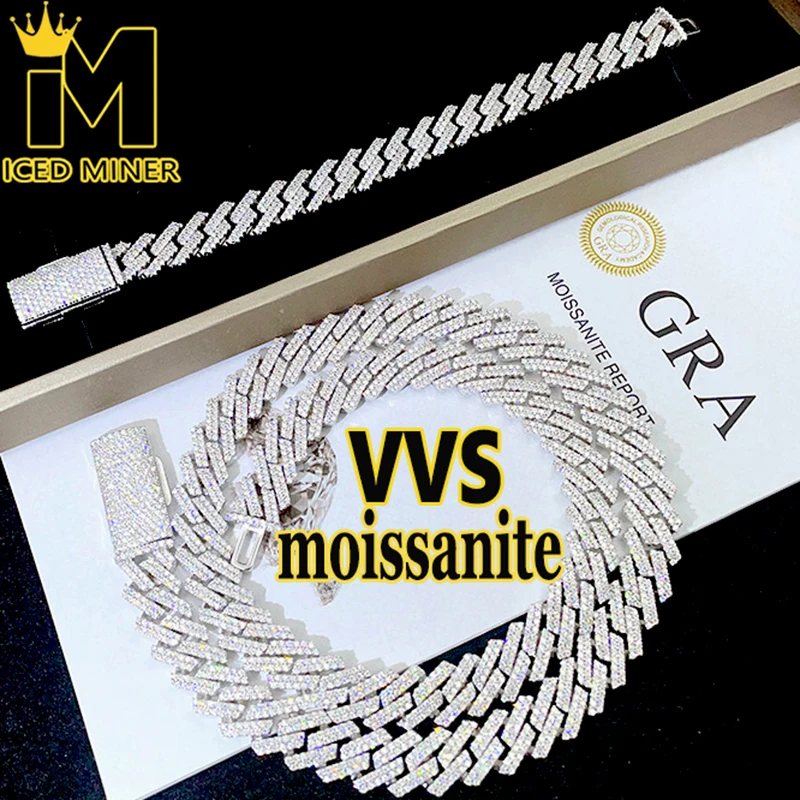 12mm Moissanite Two Rows Of Cuban Chain Bracelet Necklace S925 Silver Iced Out For Men Hip Hop Jewelry Pass Diamonds Tester