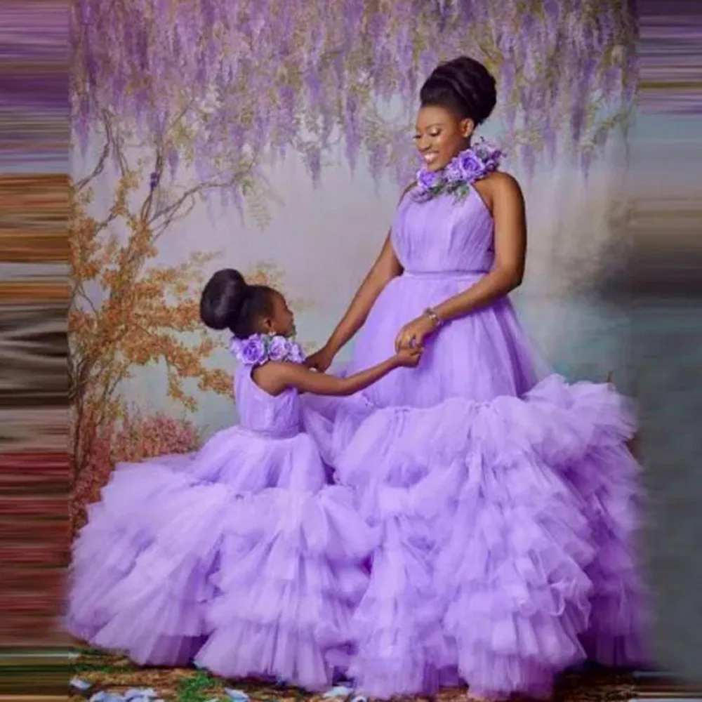 

Lavender Family Look Mother and Daughter Dress Tiered High Neck Flowers Neck Mommy and Me Birthday Dress For Photo Shoots