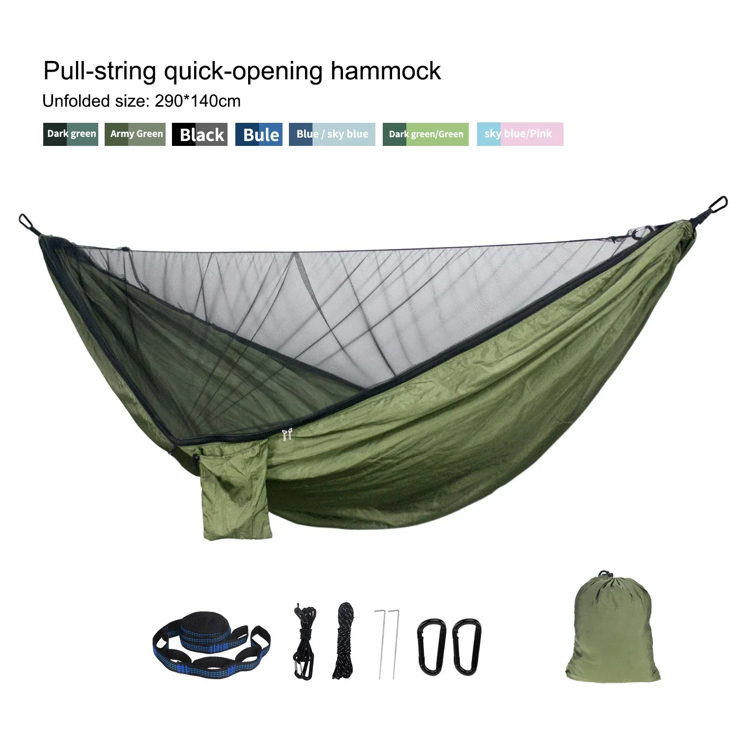 Portable Quick Setup 290*140cm Travel Outdoor Camping Hammock Hanging Sleeping Swing Bed with Mosquito Net