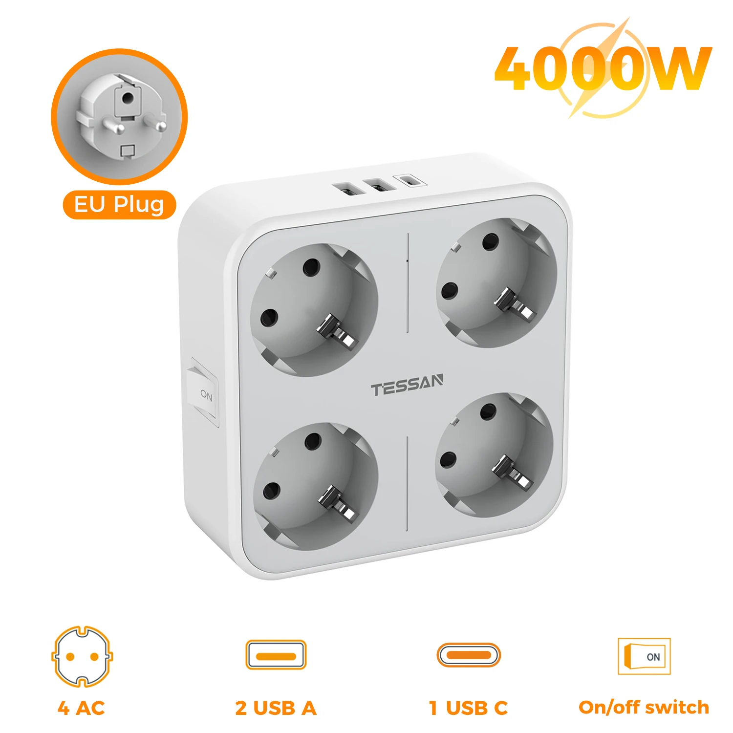 TESSAN Mehrfachsteckdosenleiste mit 4 AC-Steckdosen & 3 USB-Anschlüssen 7-in-1 Adapter mit Überlastschutz für Zuhause und Büro