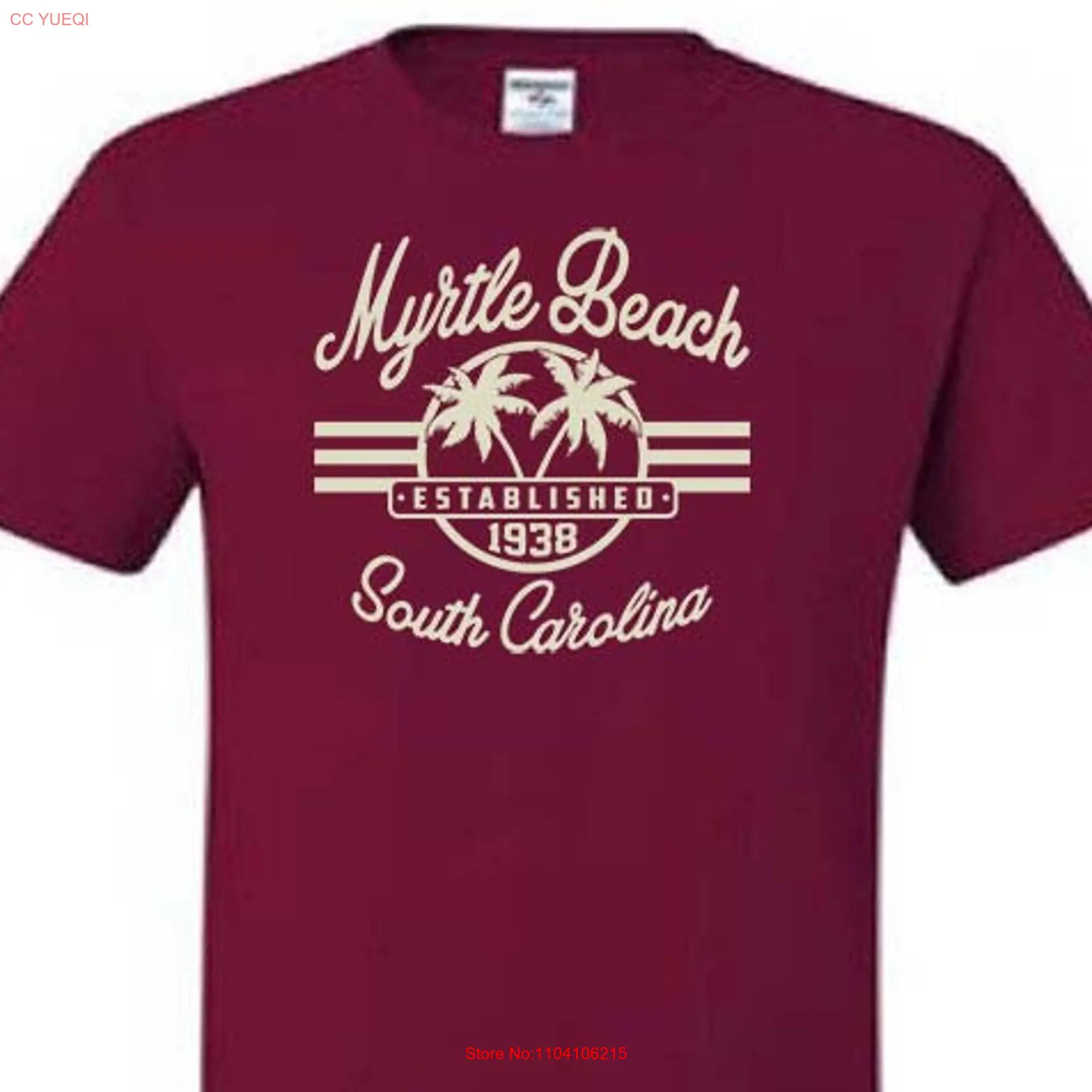 T Shirt MYRTLE BEACH BEAUTIFUL South Carolina Ivory or Charcoal Black Raised Flock Print Two Palm Trees