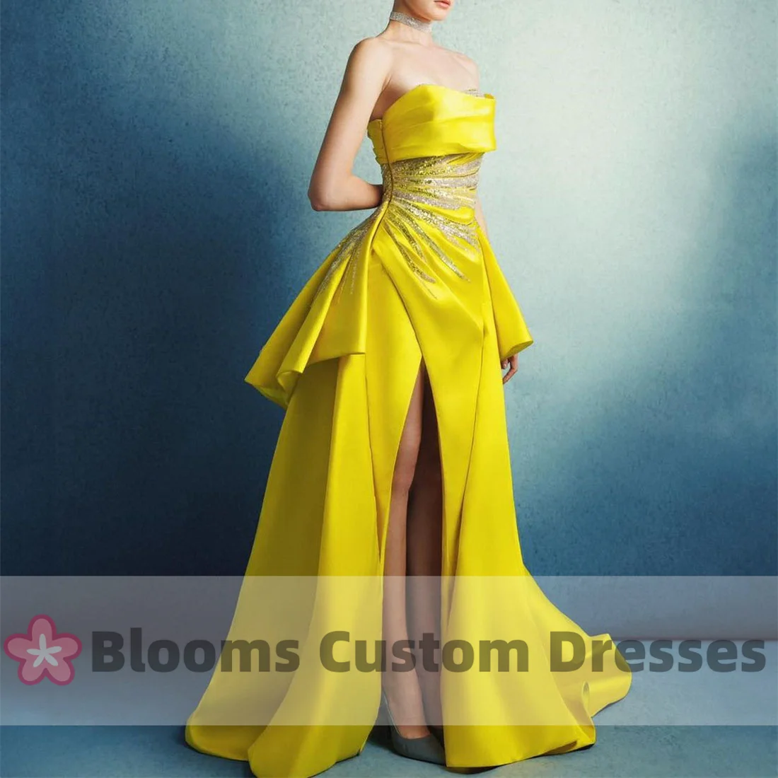 Customized One-Shoulder Yellow Satin Gorgeous Evening Dresses Mermaid Sequins Sleeveless Formal Occasion Party Dress For Prom