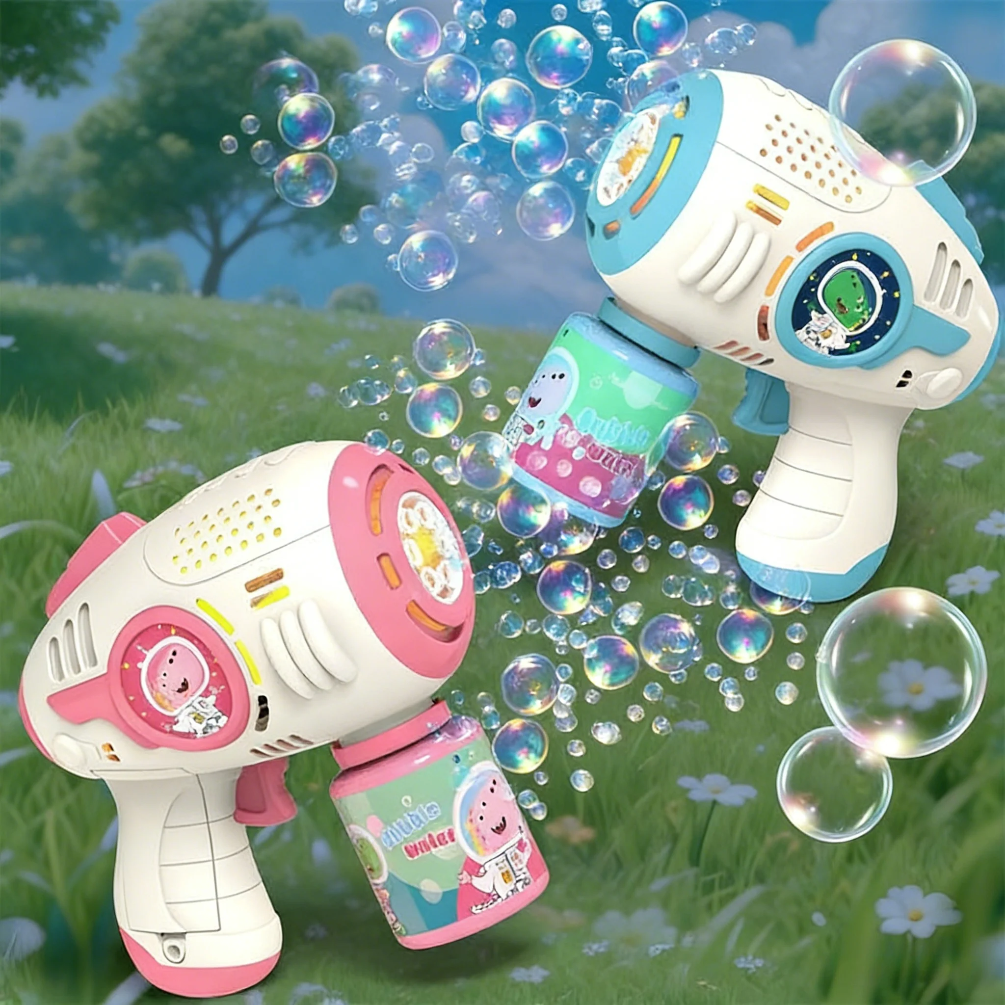 ปืนเป่าฟองสบู่อัตโนมัติสำหรับเด็ก ปืนเป่าฟองสบู่ไฟฟ้าแบบมือถือ รูปทรงไดโนเสาร์อวกาศ ของเล่นปืนสำหรับเล่นกลางแจ้ง พร้อมน้ำยาทำฟองสบู่ ของขวัญสำหรับเด็ก