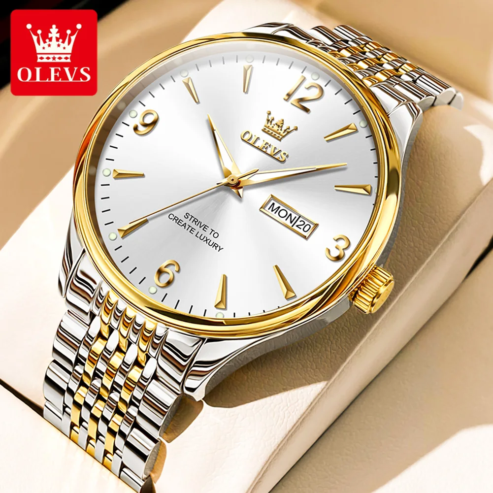 OLEVS 2928 Number Scale Quartz Watch For Men Luxury Top Brand Dual Calendar Wristwatch Stainless Steel Waterproof Man Watch 2024