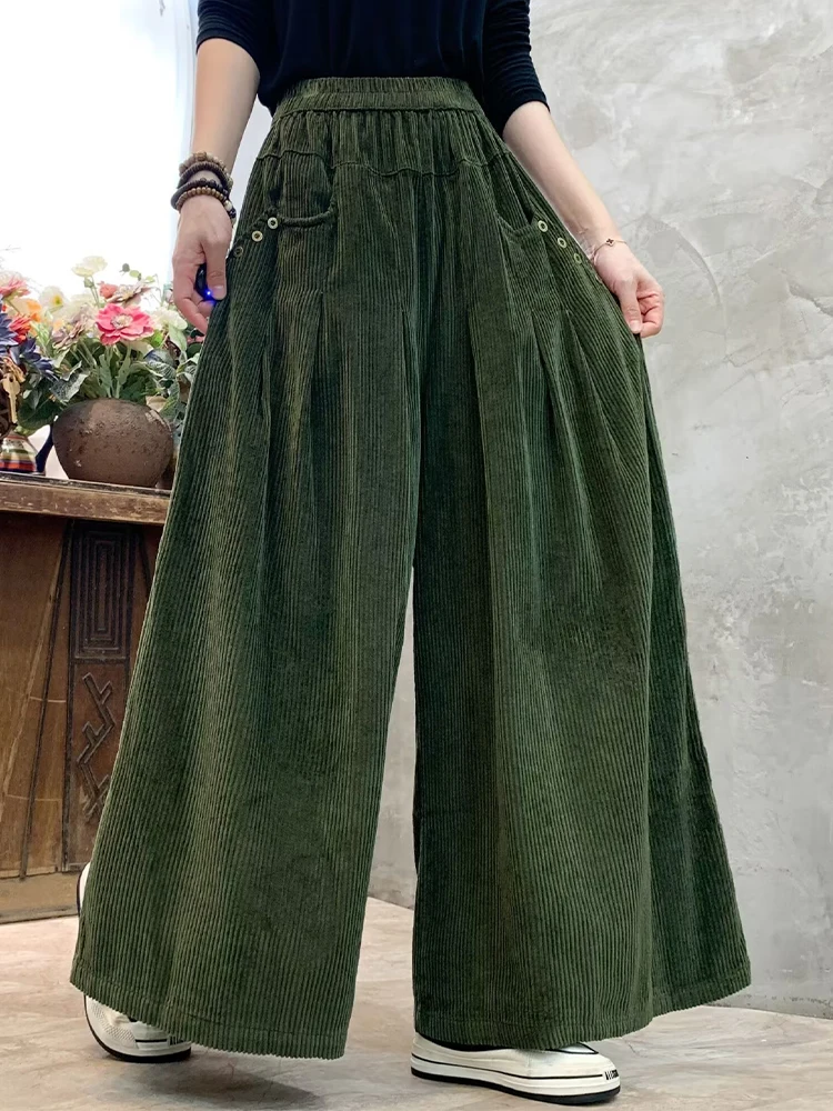 Amax lulue marca 2025 senhoras vintage solto calças de perna larga das mulheres clássico casual cintura elástica moda roupas de veludo