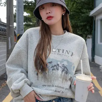 여성용 맨투맨 데스티니 레터 프린트 후디, 한국 캐주얼 스트리트웨어, 크루넥 루즈 풀오버, 여성 의류, 매일 풍성함 
