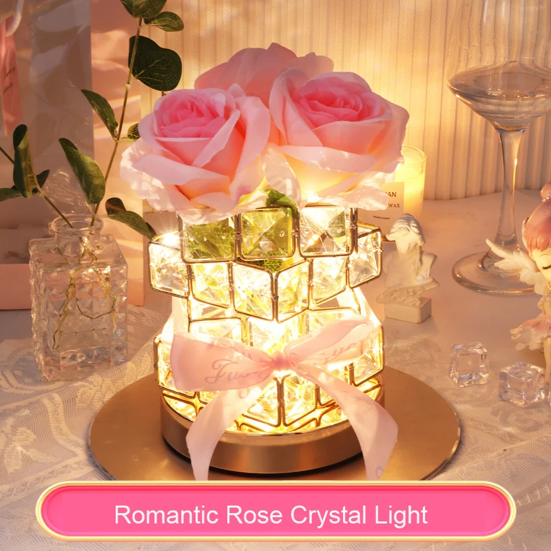 New Creative Nightstand Table Lamp Rechargeable Bedroom Bedside Decorative Lamp Crystal Rose Girl Valentine's Day Birthday Gift