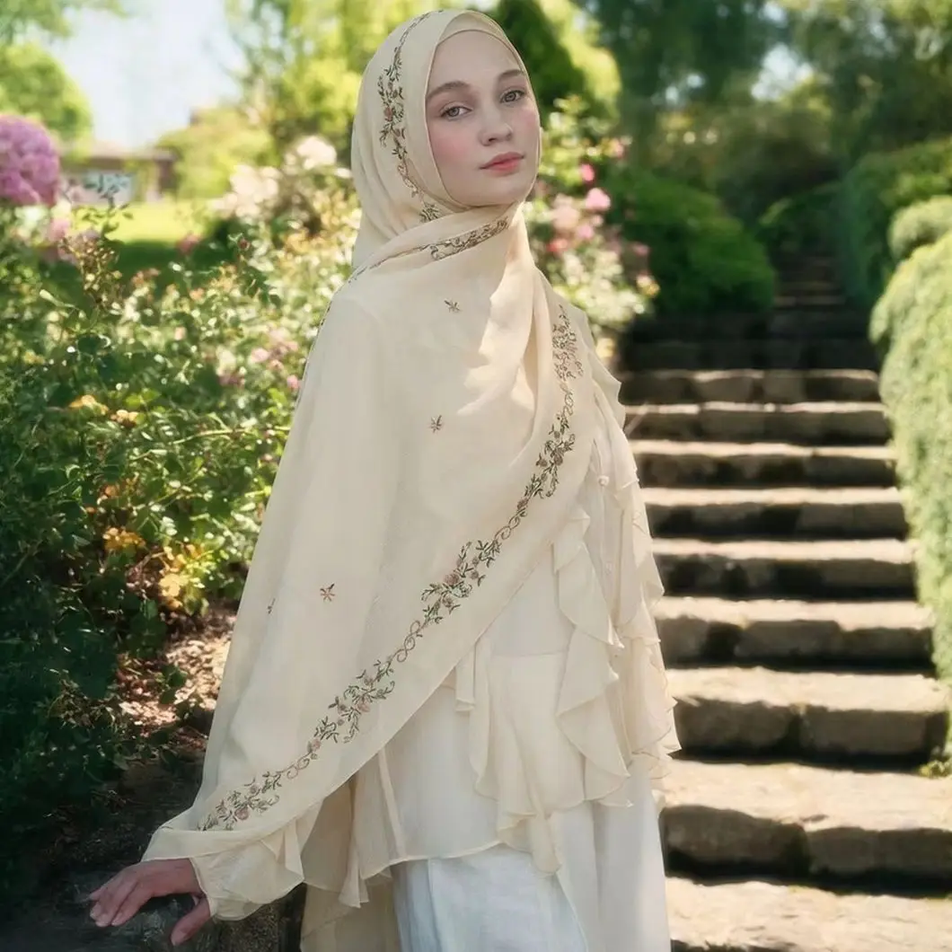 

Woman Muslim Chiffon Hijab Scarf Ramadan Long Shawl Floral Embroidery Fashion Islam Solid Turban Headscarf Headwrap170*70cm