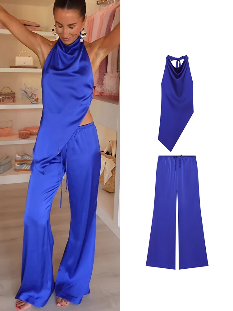TFMLN 2026 Damen Neckholder-Oberteile Zweiteiliges Set Sexy Rückenfreies Asymmetrisches Tanktop Schnürhose Modischer Freizeitanzug für Frauen Neu