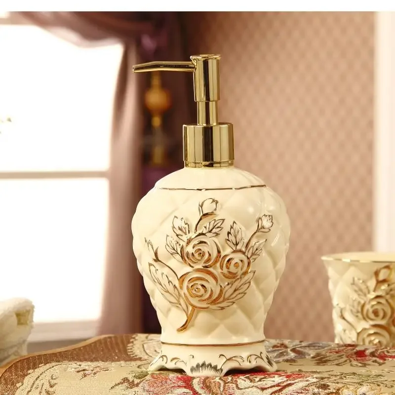 Bathroom Toothbrush Holder Gold Edge Rose Pattern Ceramics Soap Dispenser Toothpaste Dispenser Bathroom Decorative Accessories