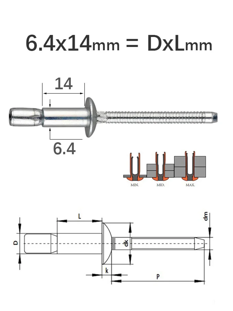 30/50PCS  High Strength Structural Blind Rivet Carbon Steel Rivet Dome Head 4.8x10 4.8x14 6.4x14 6.4x20 9.6x21mm