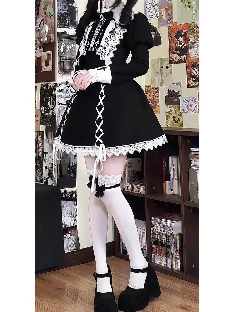 블랙 윈터 로리타 드레스 세트 따뜻한 케이프와 스퀘어 넥 드레스 허리 슬림 고딕 스위트 로리타 의상 우아한 클래식 스타일 세트