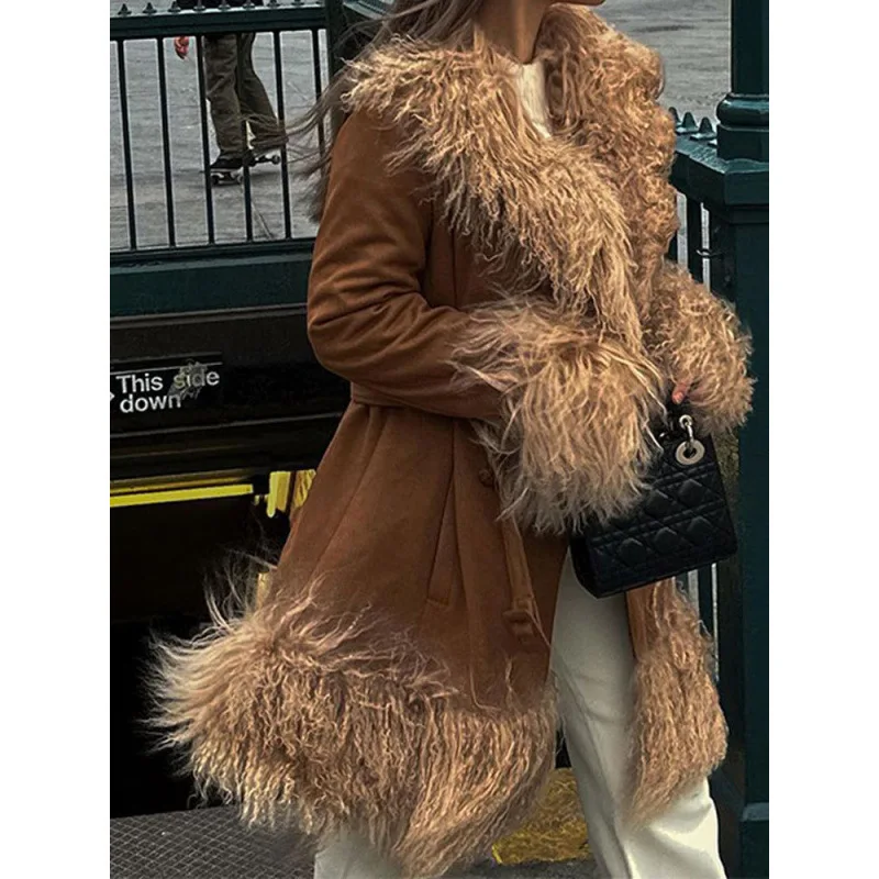 EAEOVNI Cappotto invernale da donna vintage marrone Pelliccia impiombata Design Nappa Cintura Bottone Cappotto di media lunghezza Moda Nuovi vestiti