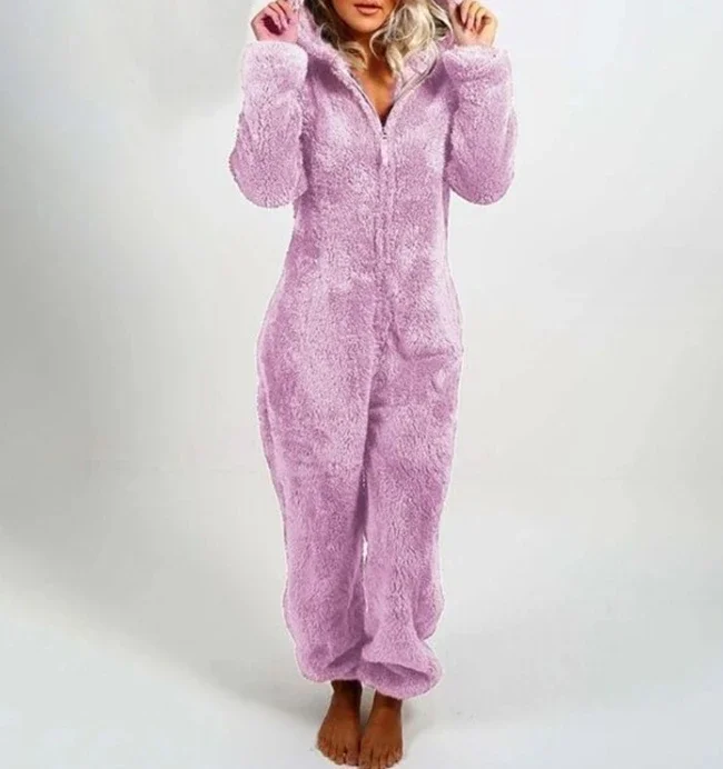 CPSYMYM Overall Frauen Herbst Plüsch Einfarbig Casual Langarm Täglichen Hause Overall Mit Reißverschluss Mit Kapuze Pyjamas