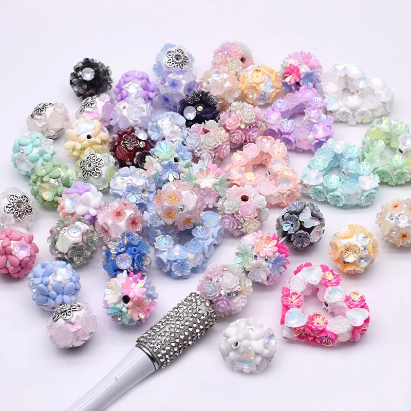 5pcs/bag Shiny Polymer Clay Beads Rainbow Rhinestone Disco Round Flower Beads for Jewelry Making DIY Pen Mobile Phone Chain