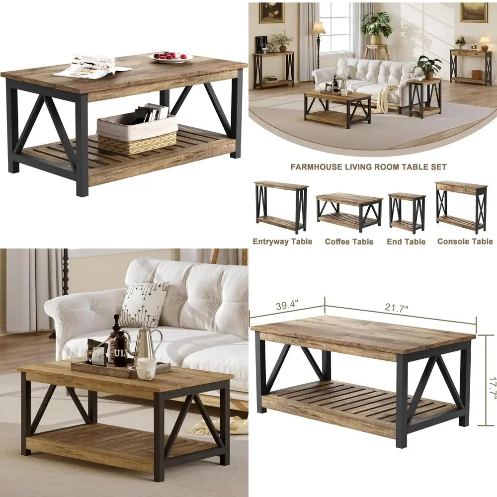 Rustic Oak and Black 40-Inch Rectangular Coffee Table with 2-Tier Storage for Living Room by ChooChoo Farmhouse