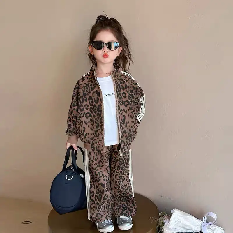 

Girls' 2-Piece Outfit Trendy Leopard Print Jacket + Sporty Pants Set Fashion Kids' Casual Wear Stylish Toddler Coordinates