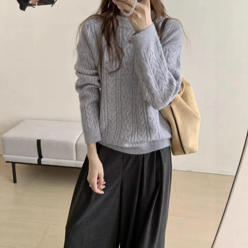 

Нежный вязаный пуловер с круглым вырезом для женщин, осенне-зимний новый свободный крой в корейском стиле, мягкий вязаный топ