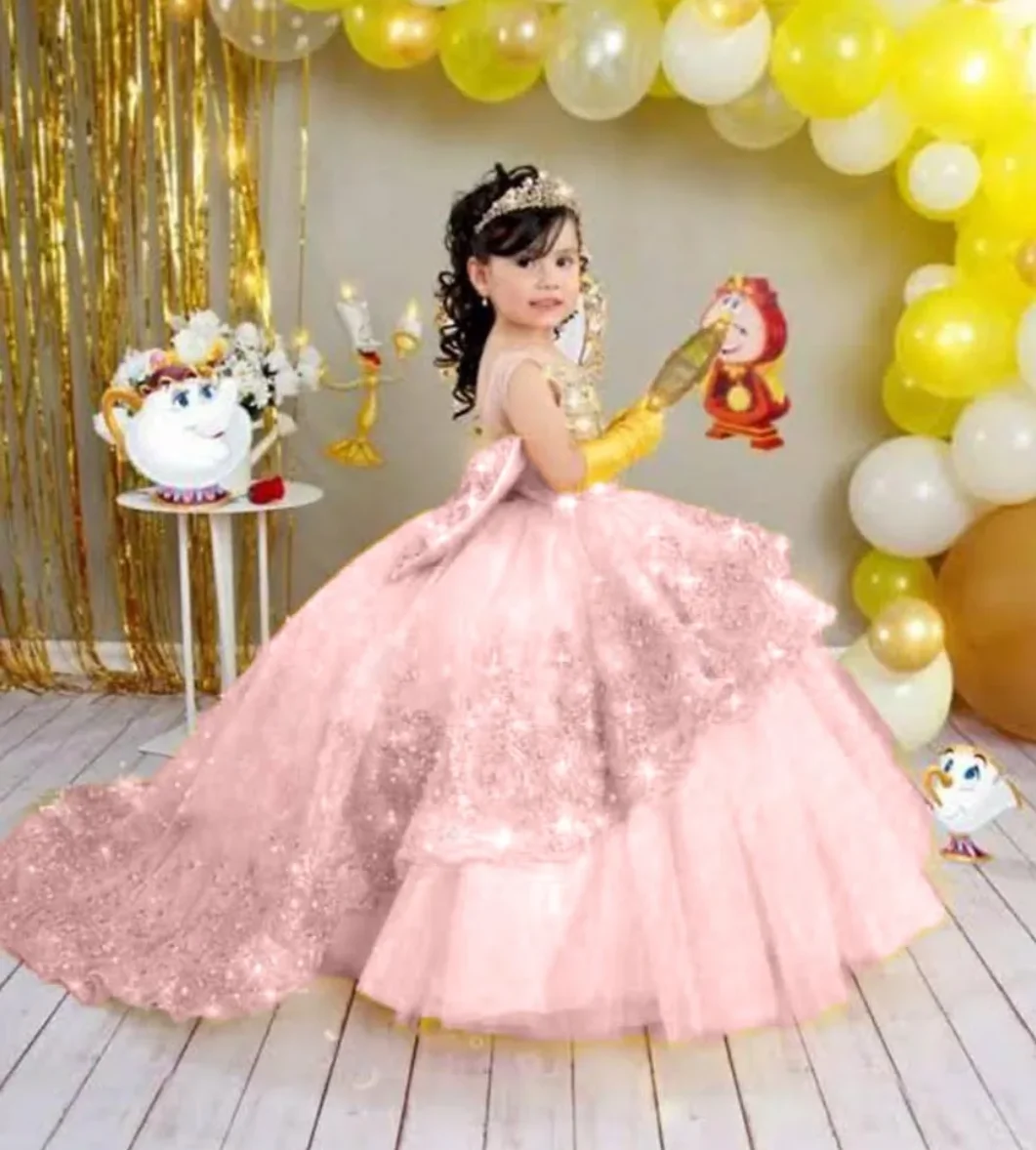 

Flower Girl Dress For Wedding Feather Applique Puffy Floor Length Princess Kids Birthday First Communion Ball Gown