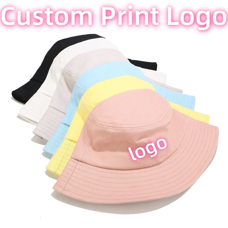 Customized Printed Logo Design Bucket Hat Casual Fishermen Cap Pure Color Sunscreen Hat Cotton Summer Foldable Bucket Hat