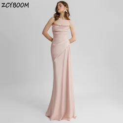 Customized Backless Strapless Crystal Sleeveless Evening Dress 2024 Mermaid Floor Length Sweep Train Stain Zipper Prom Dress