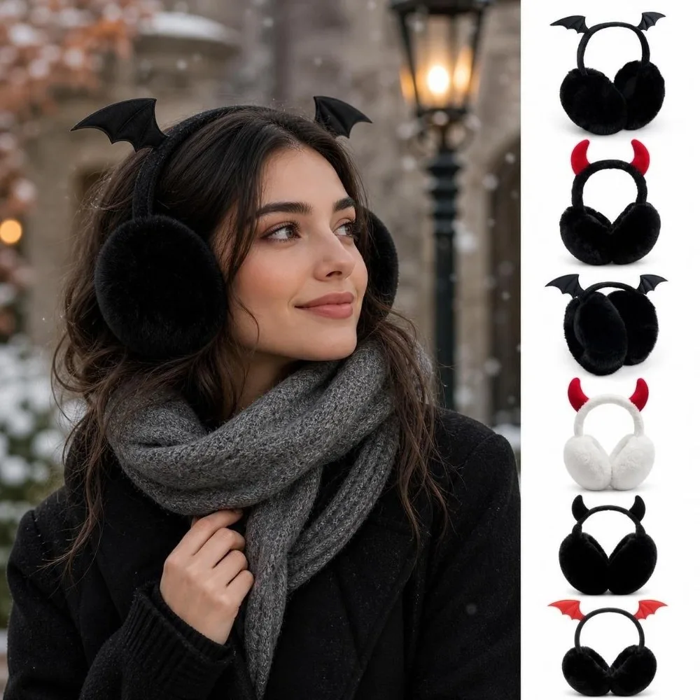 Gothic Foldable Earmuffs Bat Wing Fluffy Faux Fur Ear Warmers Thermal Lining Devil Horn Demon Design Ear Covers