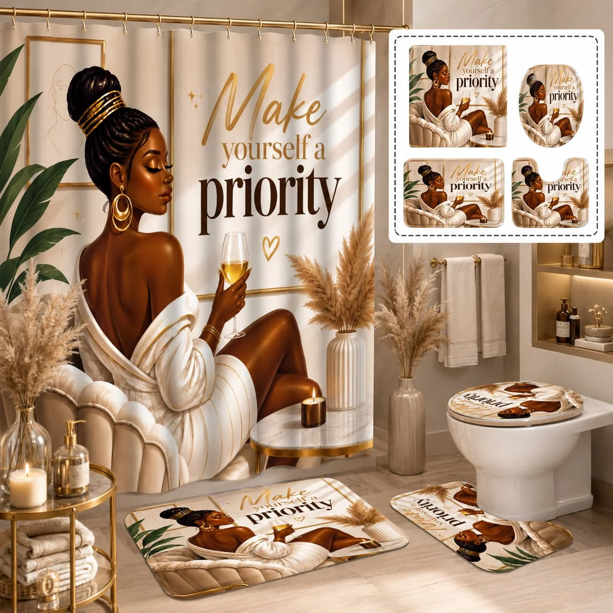 2D Flat, 2D Flat 4pcs Elegant Shower Curtain Set, Beige Golden Black Woman Inspirational Quote Design Bathroom Decor, Additions with, U-Shaped, Toilet Lid Cover, Shower Curtain Includes Hooks, Inspirational Self Love Art, Home Decor