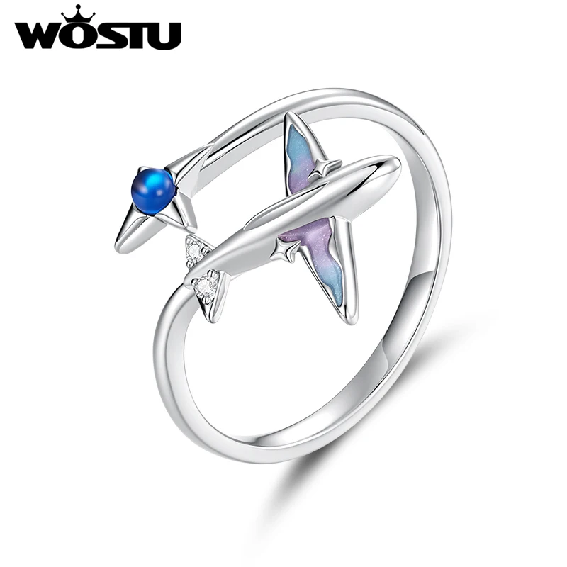 WOSTU Platinum Plated Creative Airplane Star Ring For Women, Travel Open Adjustable Finger RingS Hypoallergenic Jewelry Gift