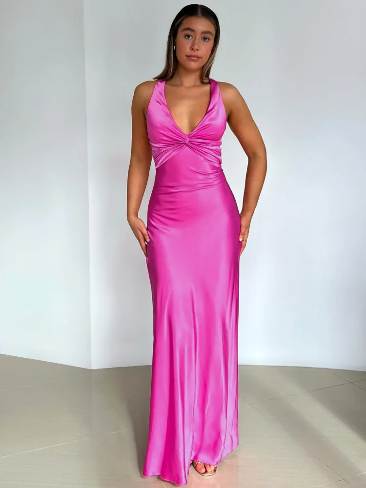 Articat Elegant Sleeveless Satin Bodycon Long Dress Women Sexy Deep V Backless Evening Dress Female Slim Fit Party Club Vestidos