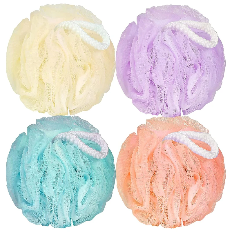 

Pure Color Bath Loofah Sponge Body Scrubber Shower Sponge Exfoliating Mesh Pouf Shower Ball Bath Sponges 4 Pack 50G in Bag