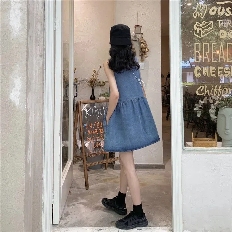 Suspender Dress Women Denim Short Dresses A Line Vestidos Single Breasted V Neck Sleeveless Elegant High Street Beach Summer - view 5