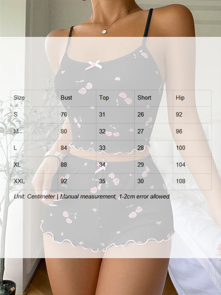 2PCS Sexy Heart Print Pajama Set for Women Sleepwear Silk Stain Round Neck Sleeveless Casual Cami Top and Shorts Sets Loungewear view 6