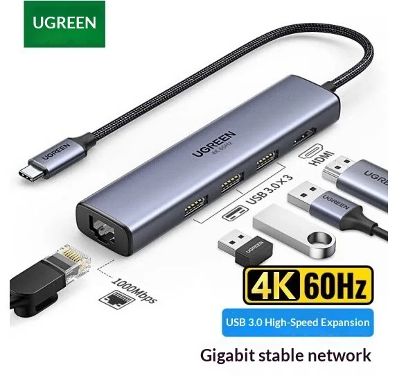UGREEN 20934 USB-C Hub CM418 5-in-1 4K HDMI 3 USB 3.0 Ports 5Gbps Gigabit Ethernet RJ45 Aluminum Alloy Housing