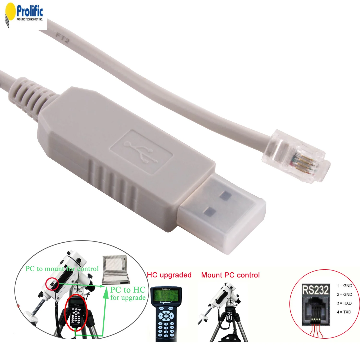 PL2303GT USB to 4P4C RJ9 RS232 Serial Cable for Ioptron CEM25P CEM60 iEQ30 Pro Smart EQPro ZEQ25GT ZEQ25