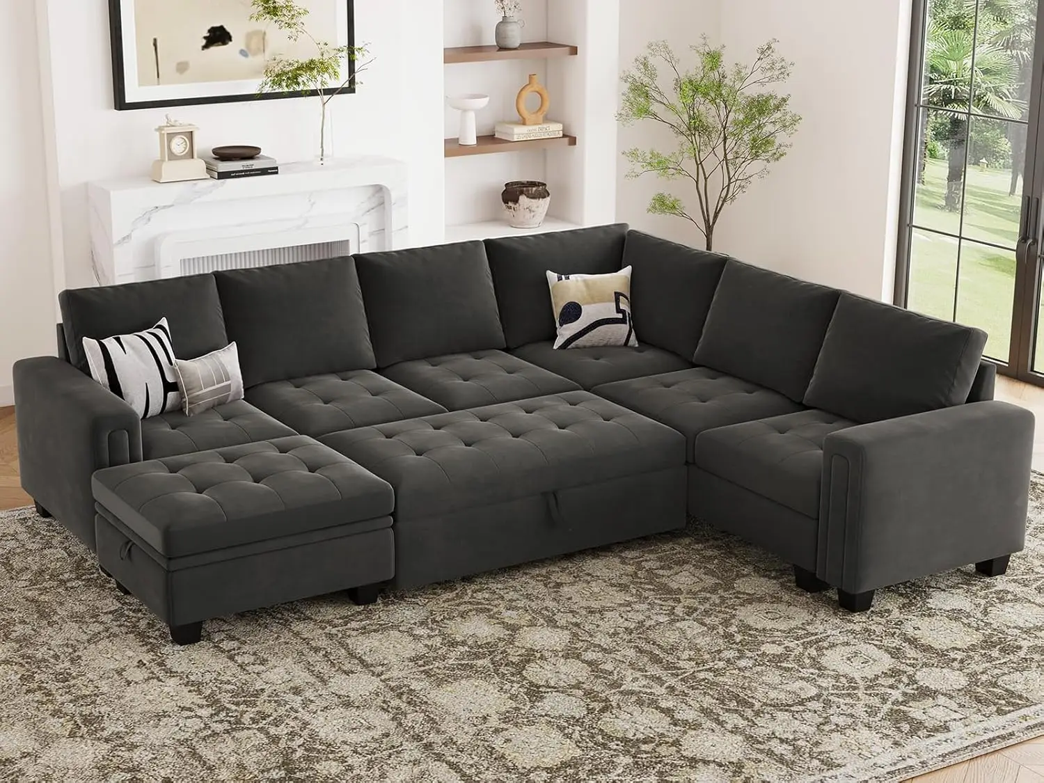 

Modular Sectional Sleeper Sofa with Pull Out Bed U Shaped Sectional Sofa Couch with Storage Velvet Covertible 7 Seater Sofa