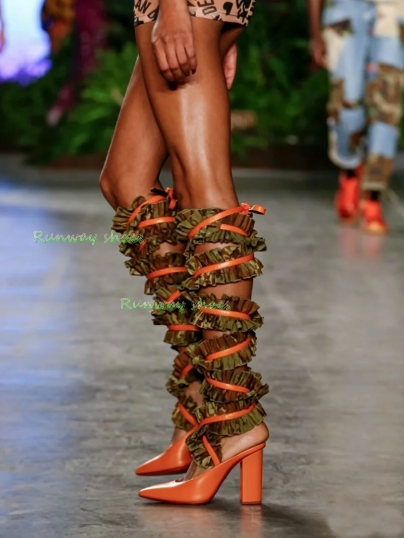 Orange Block Heel Pumps Green Ruffle Lace‑Up Knee High Boots Pointed Toe Wrap Strap Runway Show High Heels  Fashion Women Shoes