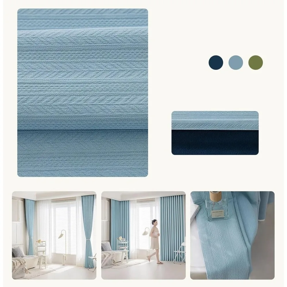 Blackout Curtains for Bedroom Bay Window, 106 Inch Length, 2 Panels, Blue Wheat Textured Chenil, Sleep Friendly