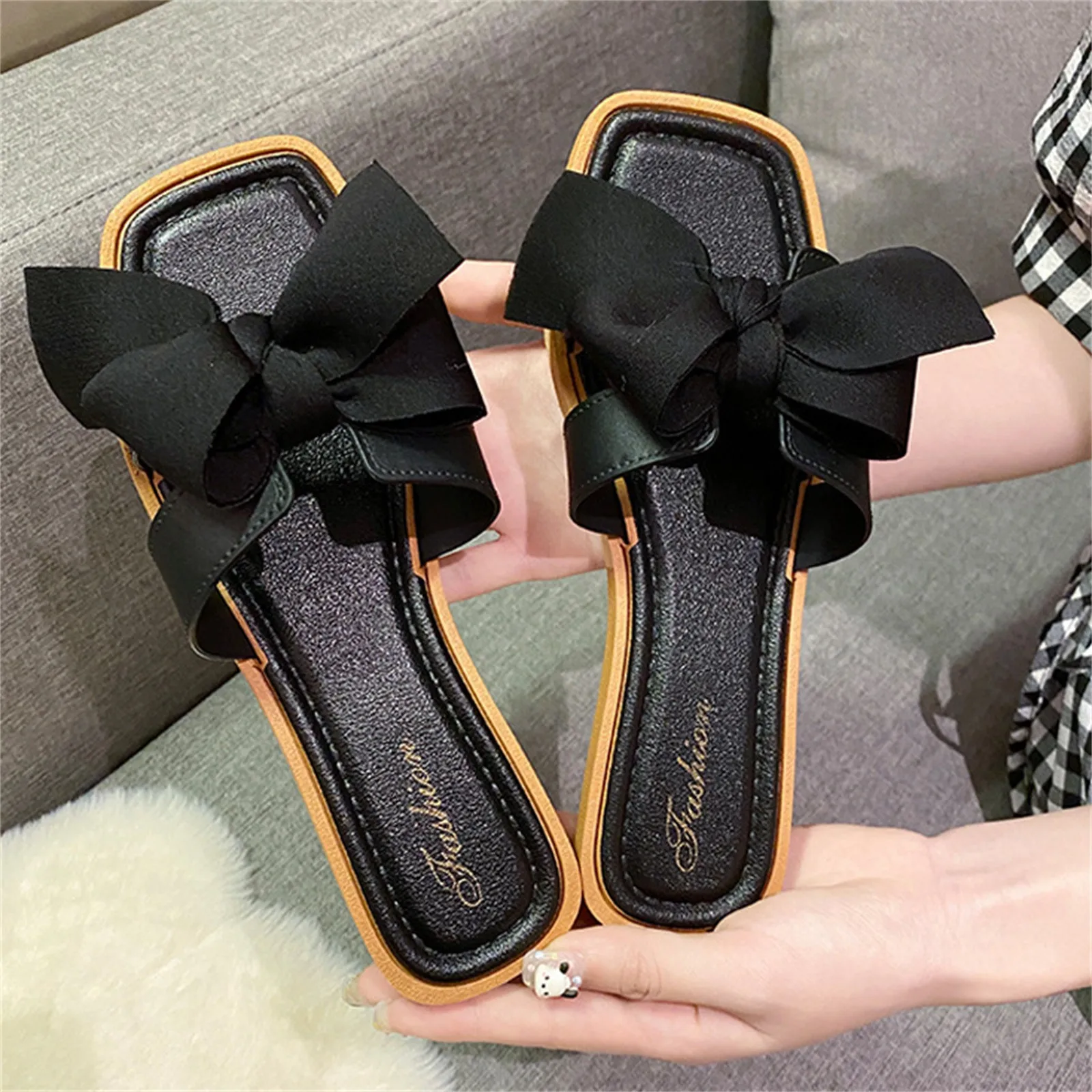 Новые летние сандалии, тапочки, модные женские тапочки на среднем каблуке с бантом и квадратным носком, повседневные уличные повседневные нежные универсальные сандалии