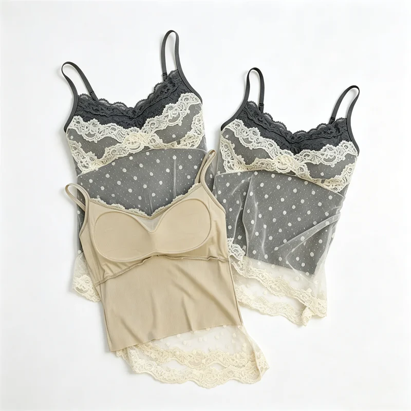 KAROFI Damen-Top mit gepunkteter Spitze, Spaghettiträgern, gepolsterter Brust, verstellbaren Trägern, seitlicher Spitze, sexy Sommer-Alltags-Top A33079 – Detail 6