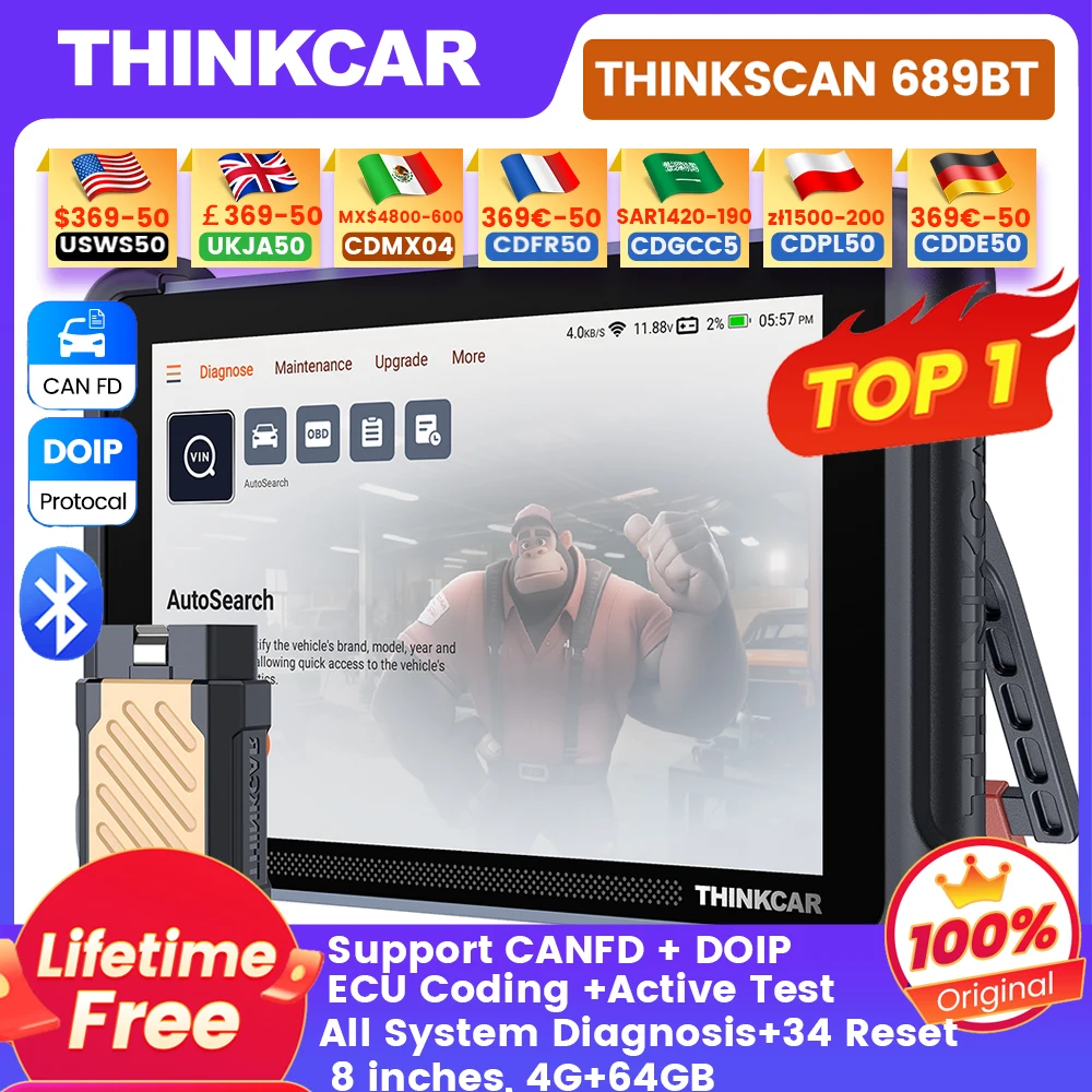 Globale Version THINKCAR THINKSCAN 689BT Professionelles OBD2-Diagnosetool, unterstützt DOIP CAN FD 4 + 64 GB, lebenslange kostenlose ECU-Codierung,