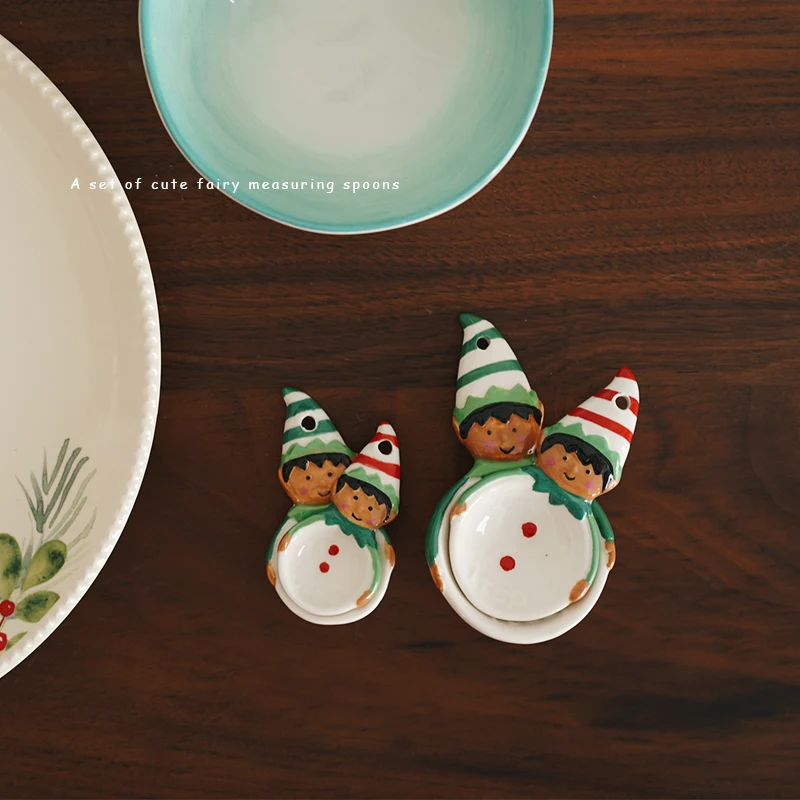 Baking Set of Four Pieces Hand-painted Elf Shaped Christmas Ceramic Spoon Cooking Spoon Baking Tools  Bowl Measuring Spoon Set