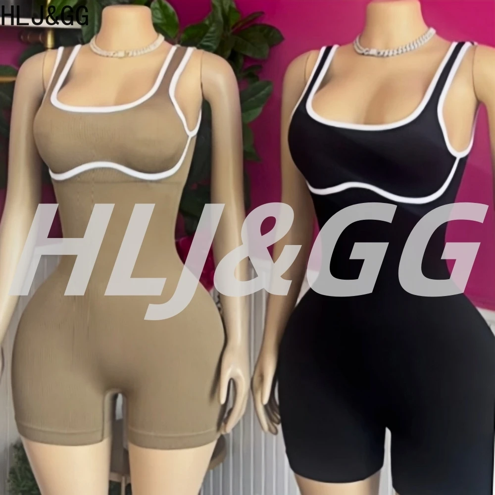 

HLJ&GG Fashion Stitching Solid Bodycon One Piece Rompers Women V Neck Spaghetti Strap Slim Sporty Jumsuit Female Jogger Overalls