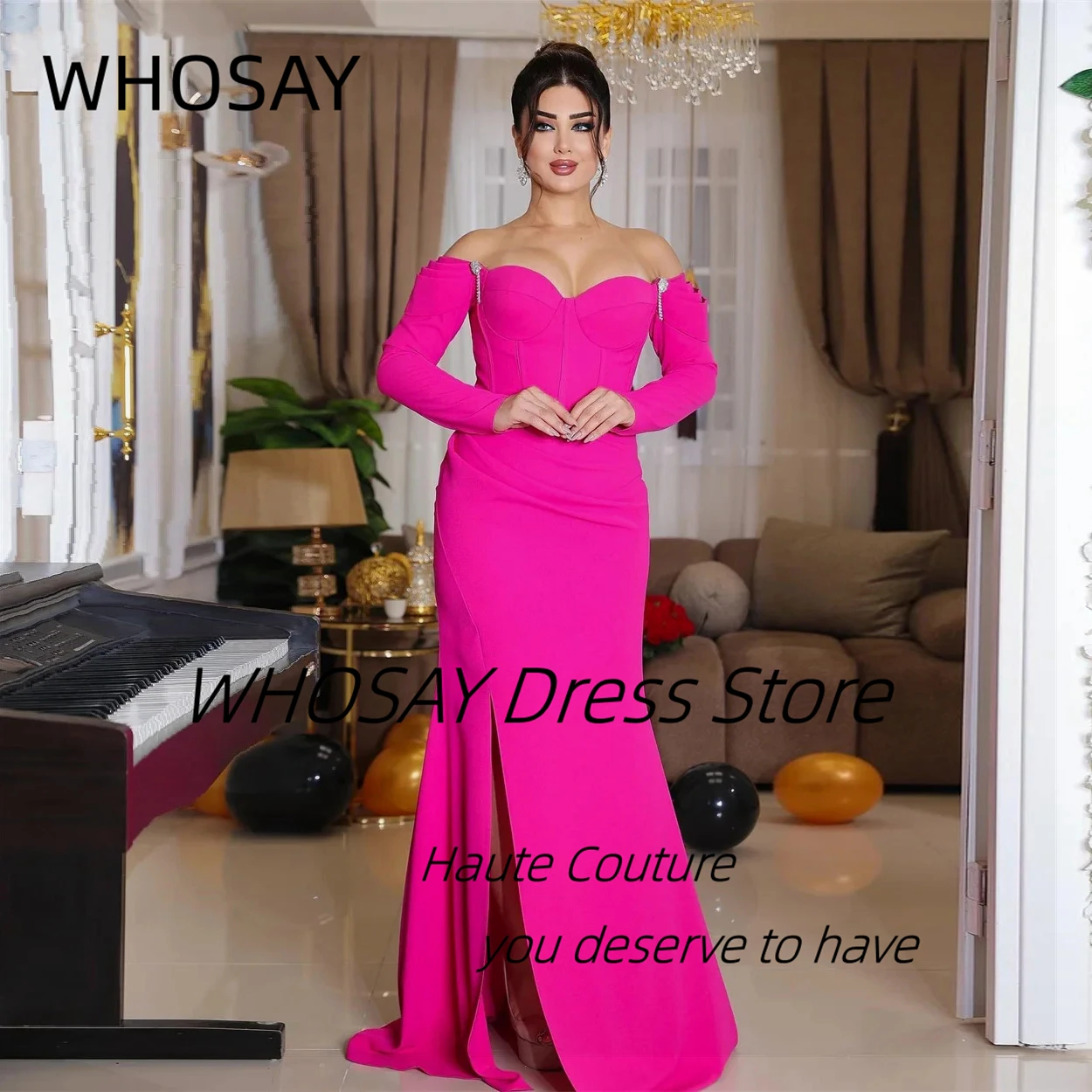 

WHOSAY Sweetheart Prom Dresses Customized Side Slit Special Occasion Dress Long Sleeves Saudi Party Evening Gowns