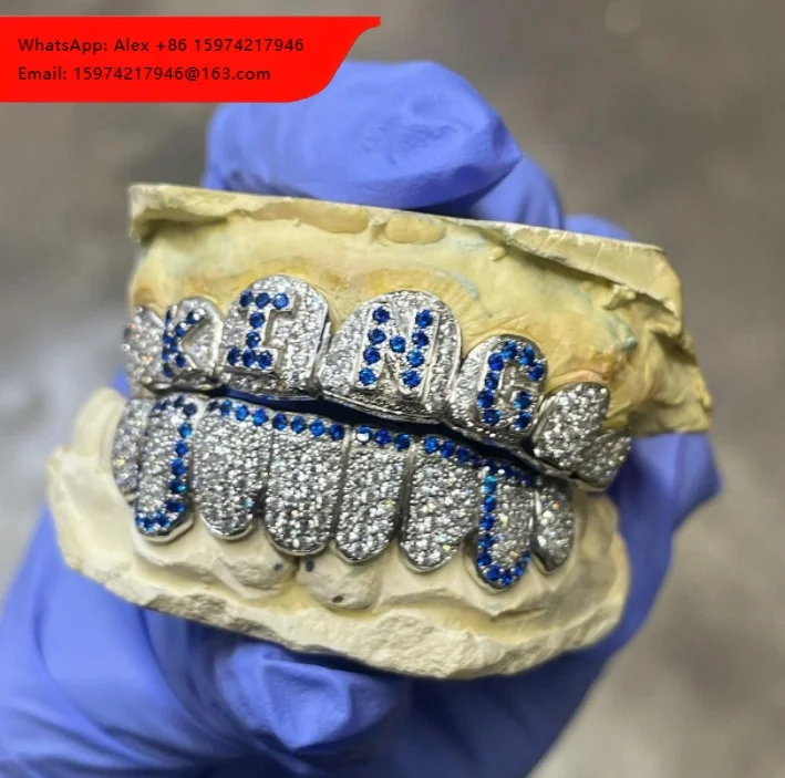 Custom Grillz 925 Silver Teeth Grillz Silver Diamond Hip Hop Moissanite Grillz Honeycomb Diamond Grllz