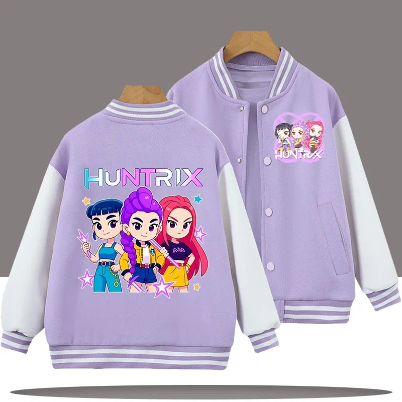 

2026 Children's baseball uniform, K-pop, devil hunter cartoon print, cute girl sports shirt, casual jacket, spring-autumn jacket