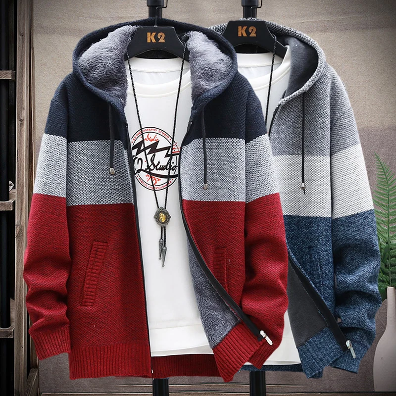 

Thiened Fce Hooded Men's Knitted Cardigan Spring Autumn Winter Jaet Youth Sle Zipper Closure Stand Fit Outerwear