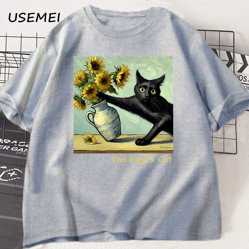 Van Gogh's Cat Art Print T Shirt Funny Graphci T Shirts Cotton Trendy Summer Loose Short Sleeved T-shirt Men Women Harajuku Top image 4