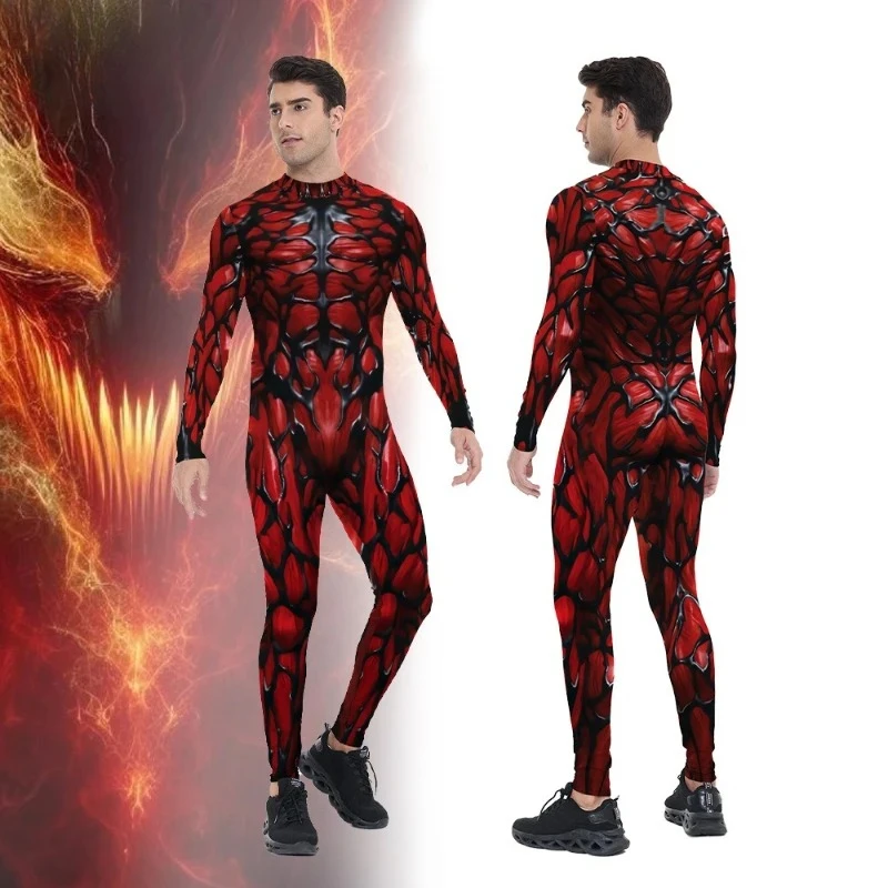 

Flame-Inspired Dark Hero Cosplay Bodysuit - Full-Body Red Textured Form-Fitting Costume | Role-Play Attire for Halloween Parties