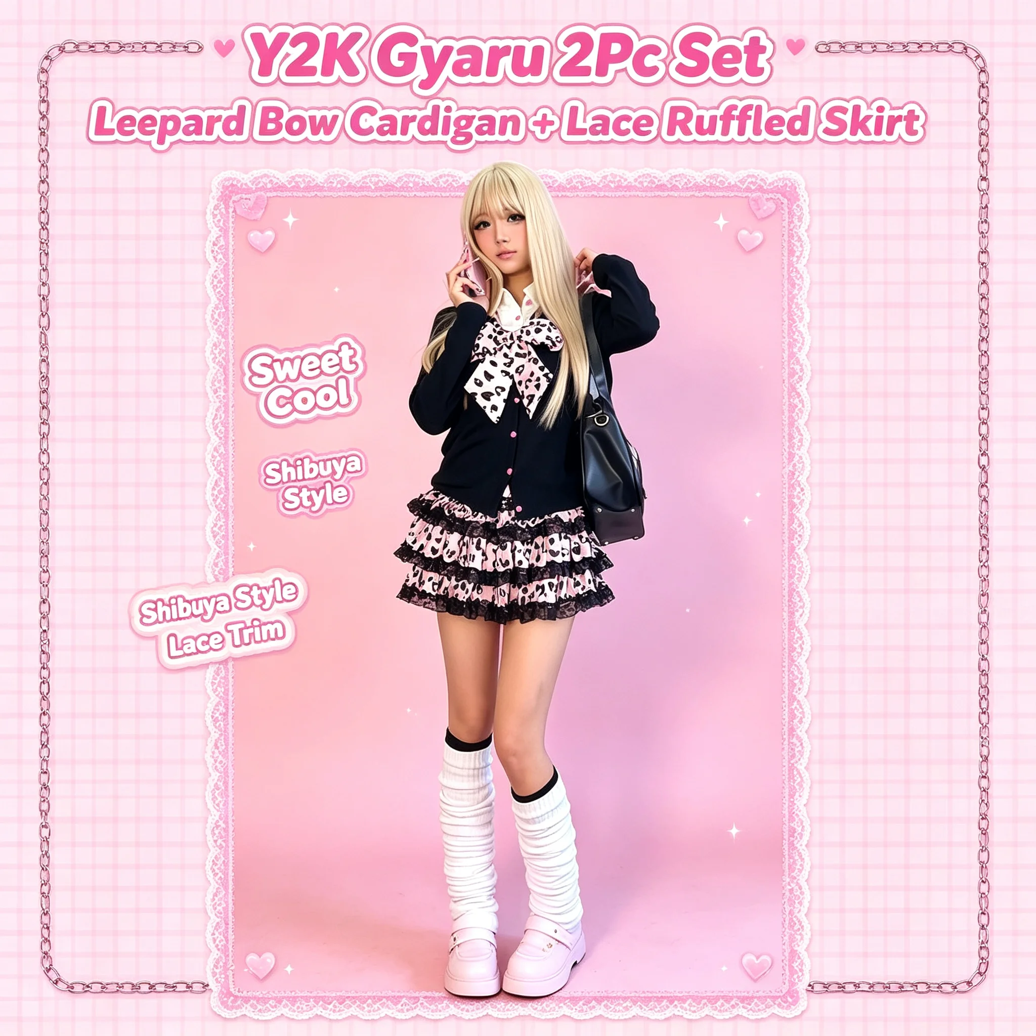 Y2K Gyaru Two Piece Set Leopard Bow Cardigan Lace Ruffled Mini Skirt Women Sweet Cool Shibuya Streetwear Outfit
